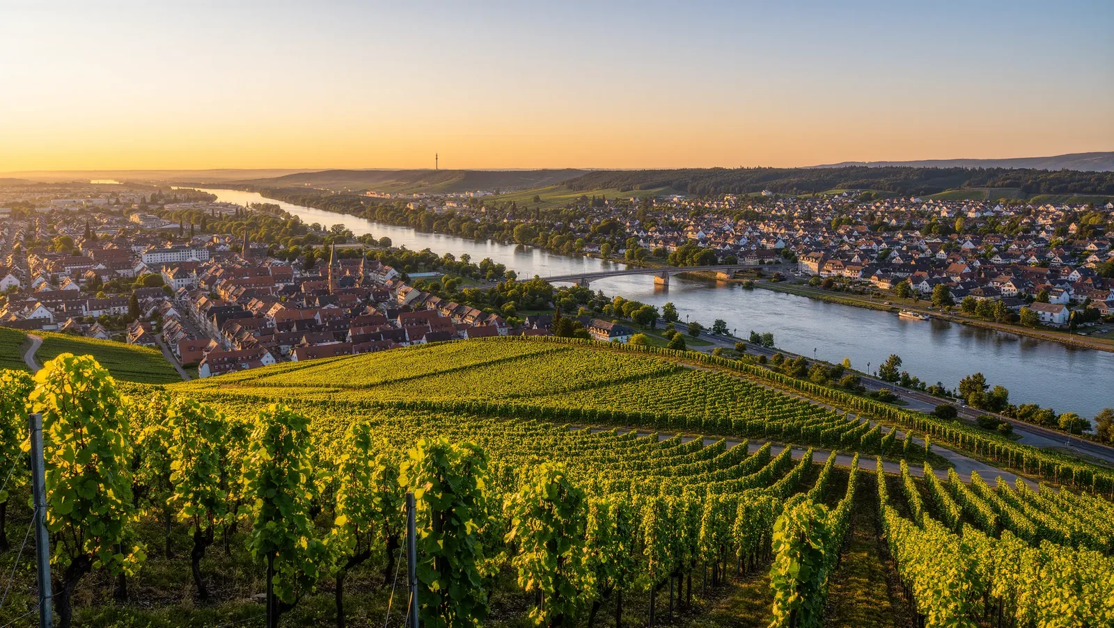 Symbolbild Weinberg über Ziegeldächern am Fluss