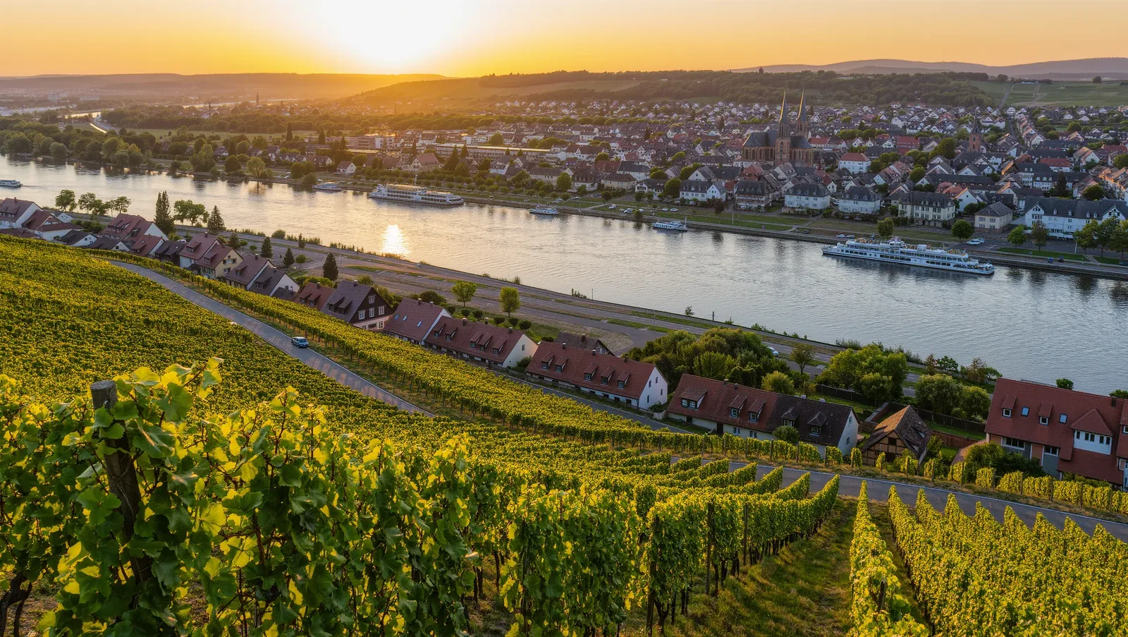 Symbolbild Weinberg über Ziegeldächern am Fluss